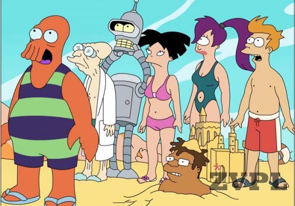 Zaposleni v Planet Experss: Zoidberg Farnsworth Bender Amy Hermes (v pesku) Leela in Fry